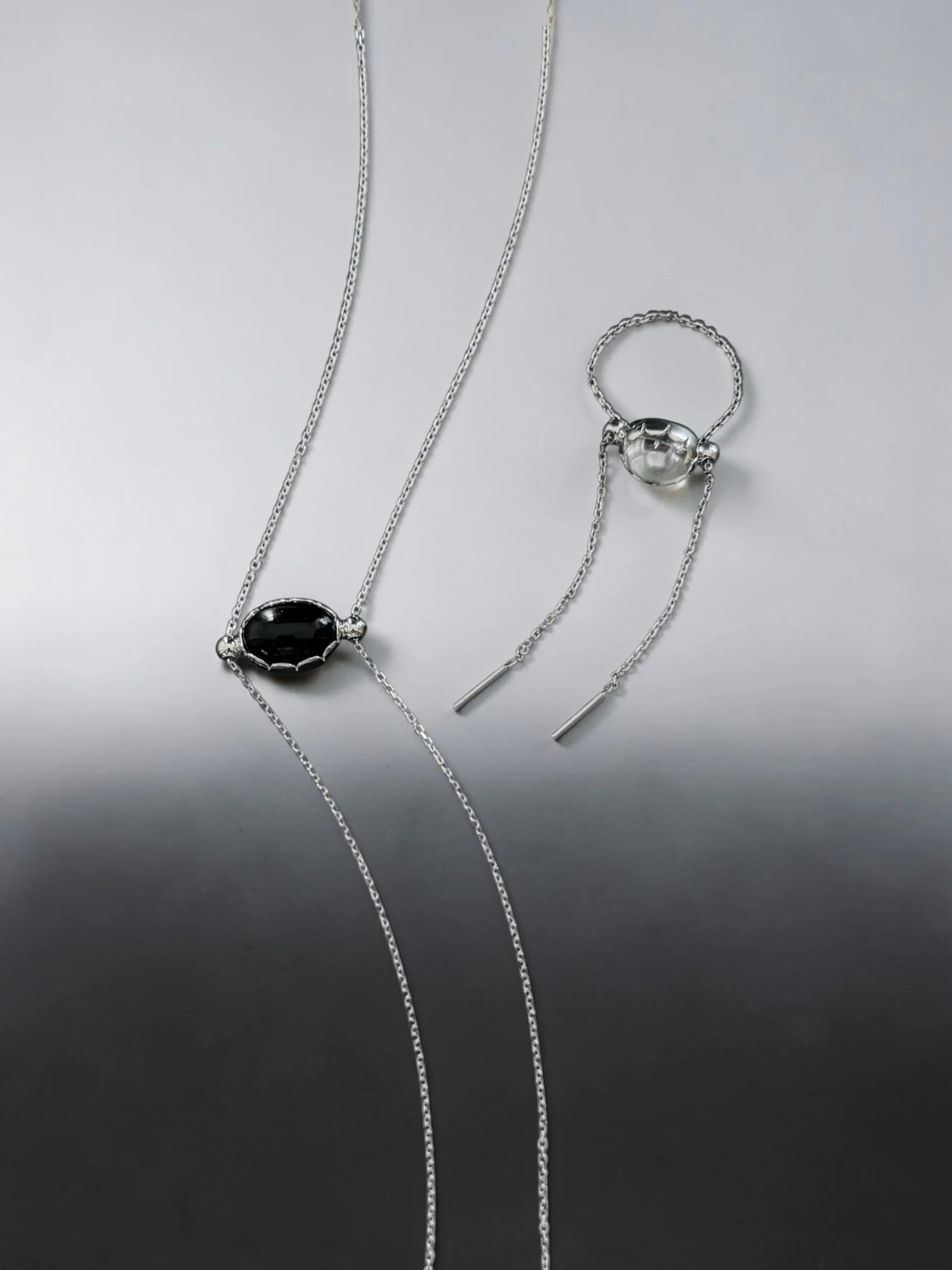RITSUKO KARITA｜Chain onyx・crystal ring｜Silver925 チェーンリング オニキス・水晶