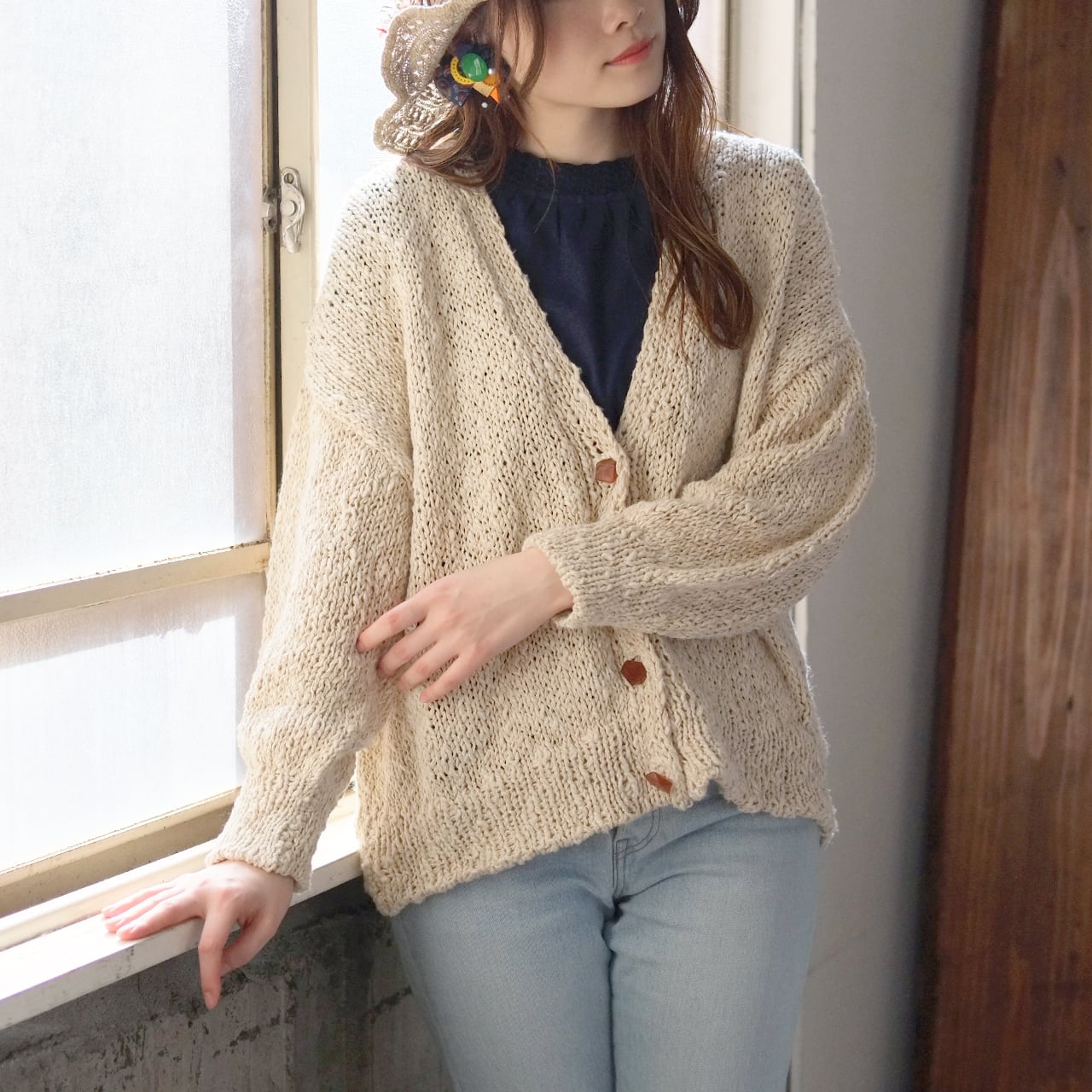 コットン100%◎春色ニットの手編みカーディガン（22s-08）クリーム  