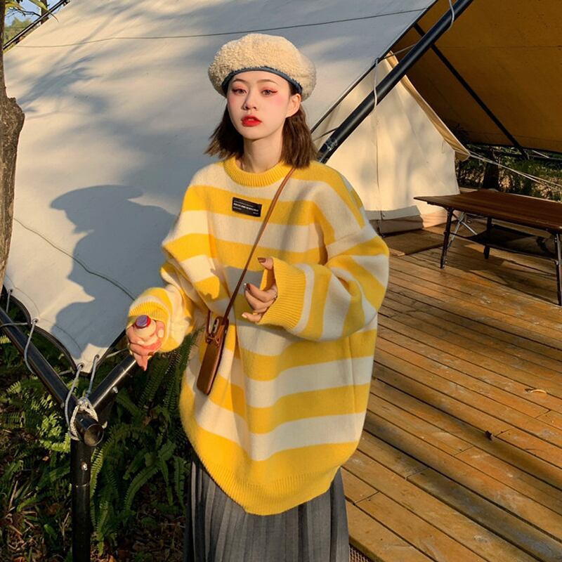 ストライプセーター スプリングルーズラウンドネックプルオーバー レディース 春物 Oネック スーパーモール27584564693