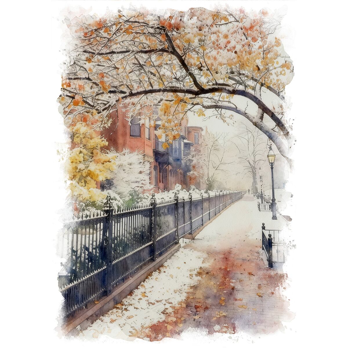 絵画 風景画(街並み) 冬 雪のアメリカ マサチューセッツ ボストンの街並み インテリアアート額付き 水彩画・油絵調 WAT0607
