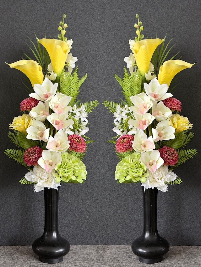 寺院用造花仏花 【一対(２本組)】本堂用仏花　シンピジューム イエローピンク　アーティフィシャルフラワー仏花　本堂の花