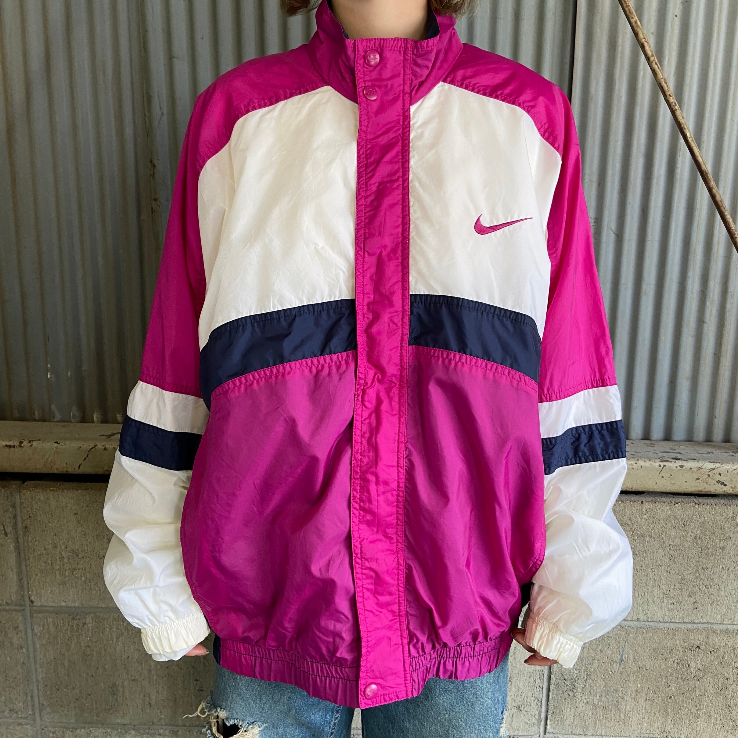 90年代 NIKE ナイキ バックロゴ 刺繍 ナイロンジャケット メンズL 古着 