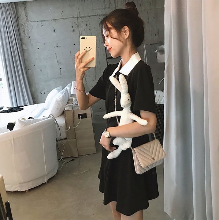 春 夏 レディース ワンピース 黒 シャツワンピ 半袖 ひざ丈 ブラック