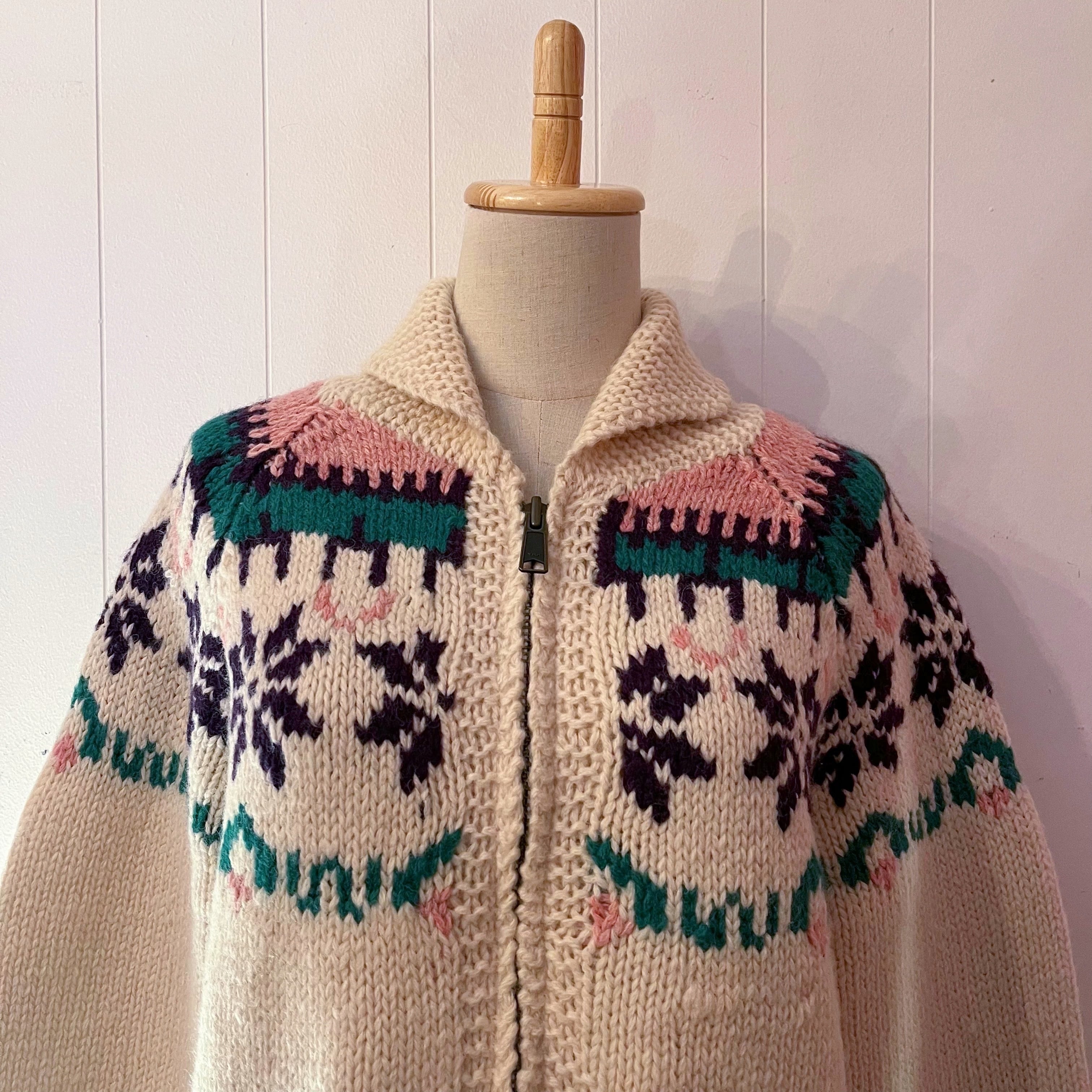 pink purple snowflake zip knit sweater