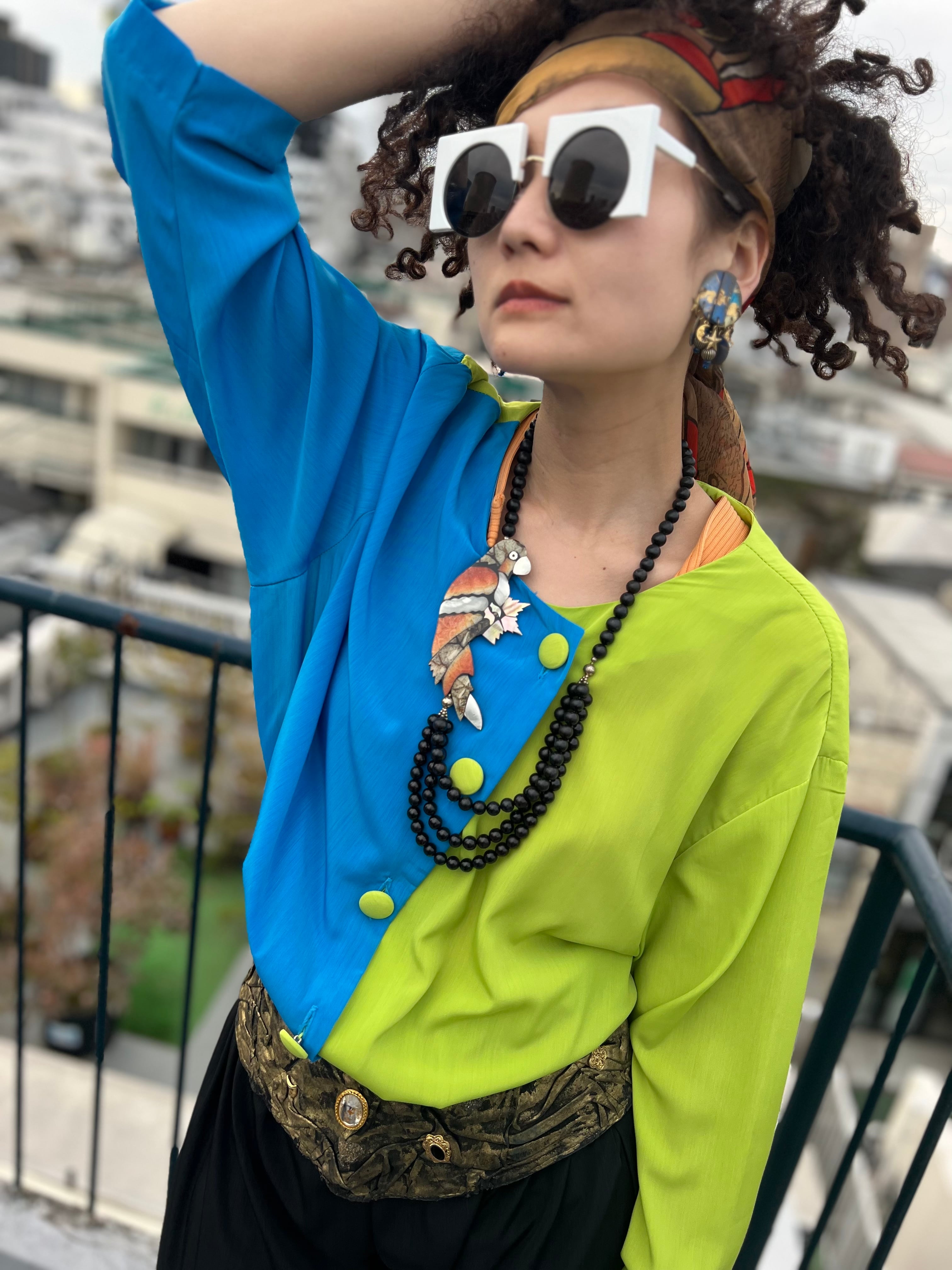 80s Big size dolman sleeve blue × pistàcchio green × black jumpsuits