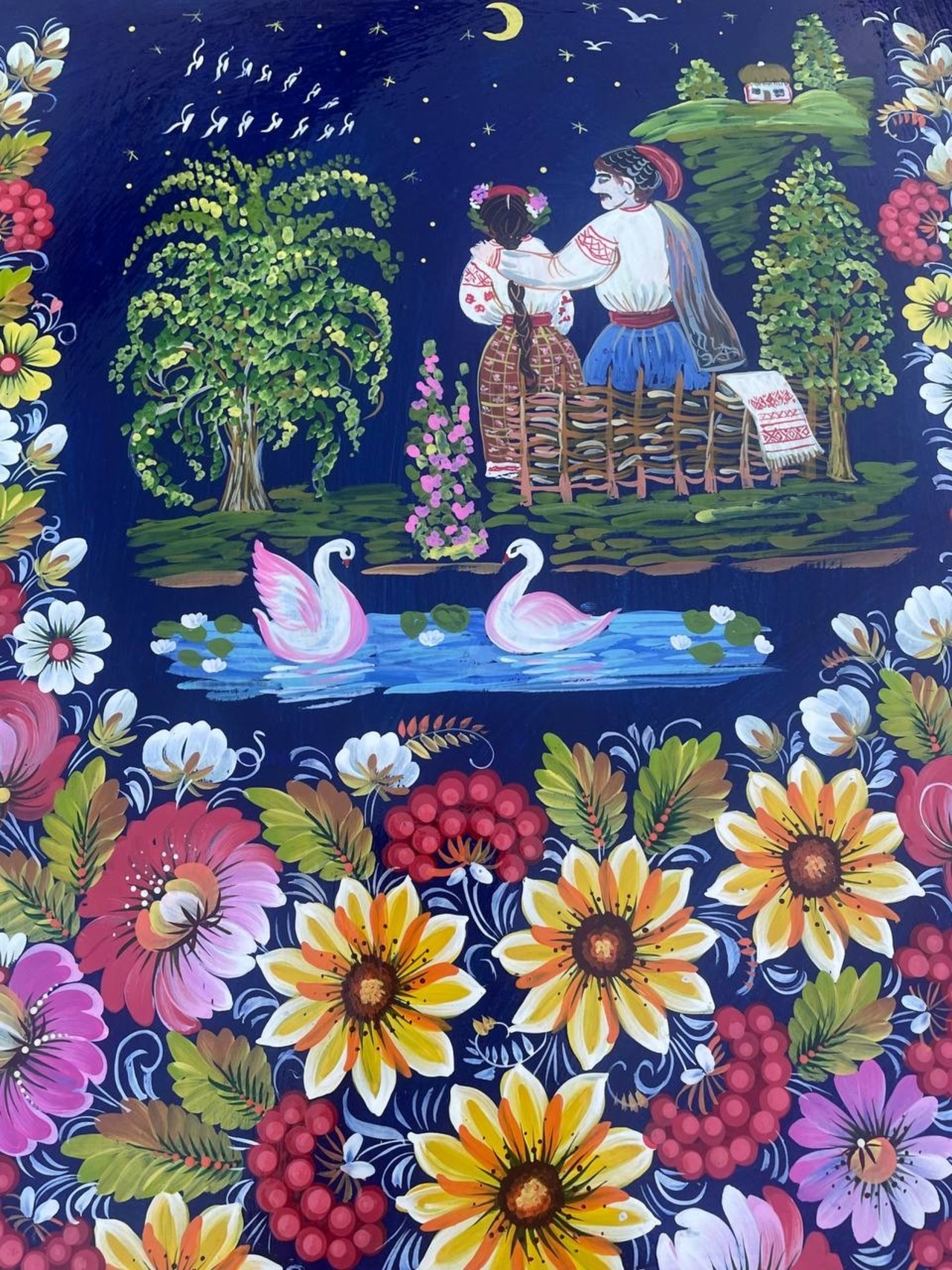 【池のほとり、柳のそばで】ペトリキウカ塗り　壁掛け手描き絵画（ヴァレンティナ・ホメンコ） - 15