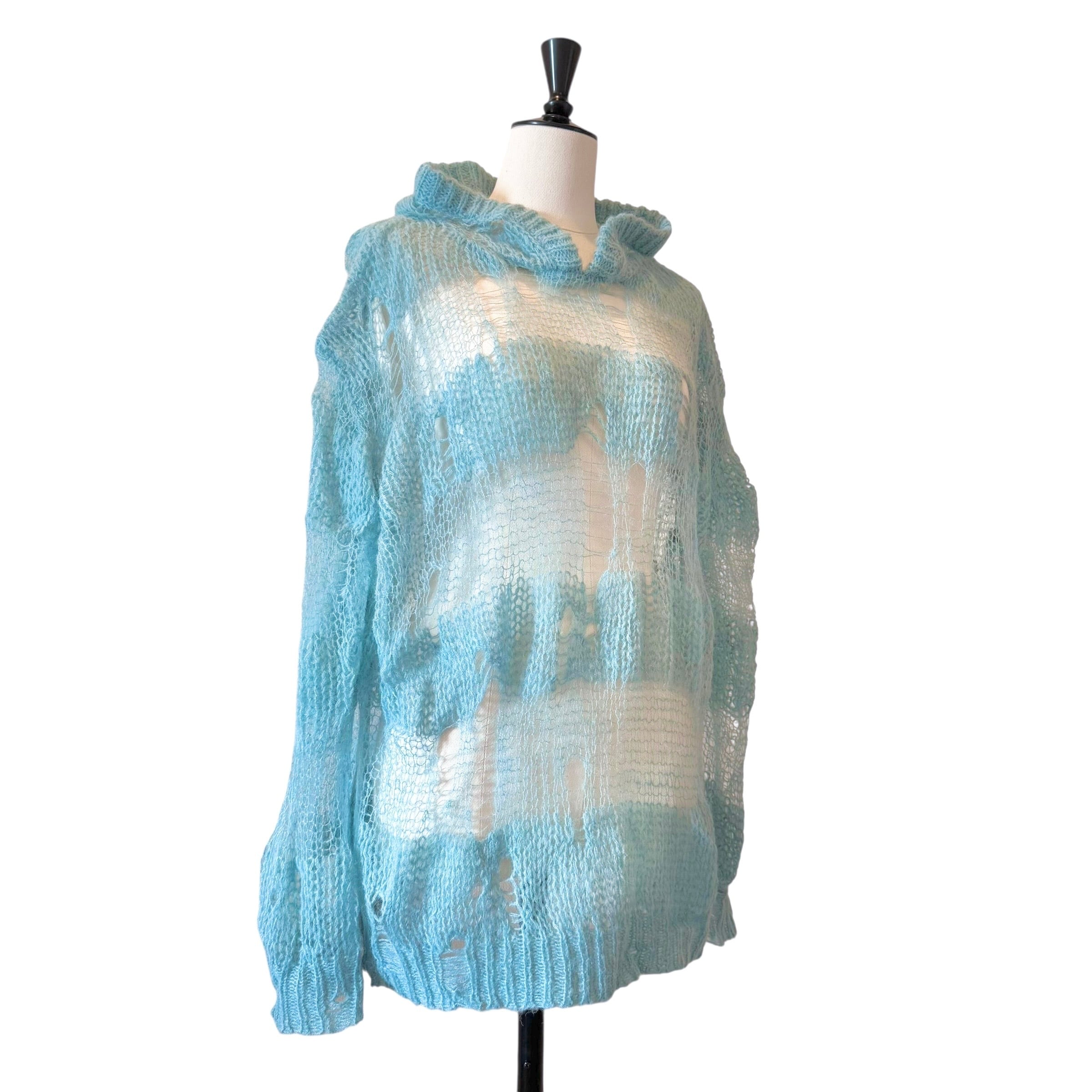 ダメージニットフーディー　BLUE