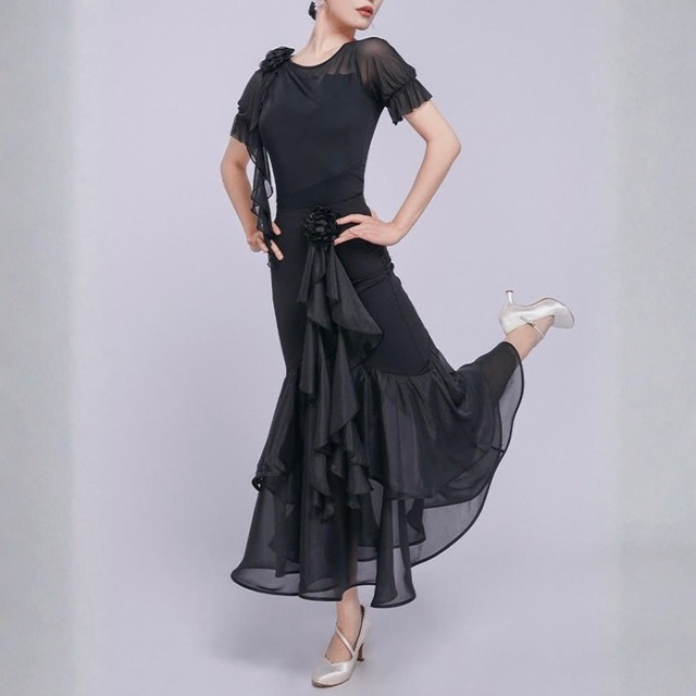 シアーフリル ティアード フラワーモチーフ ダンススカート 3col D00590