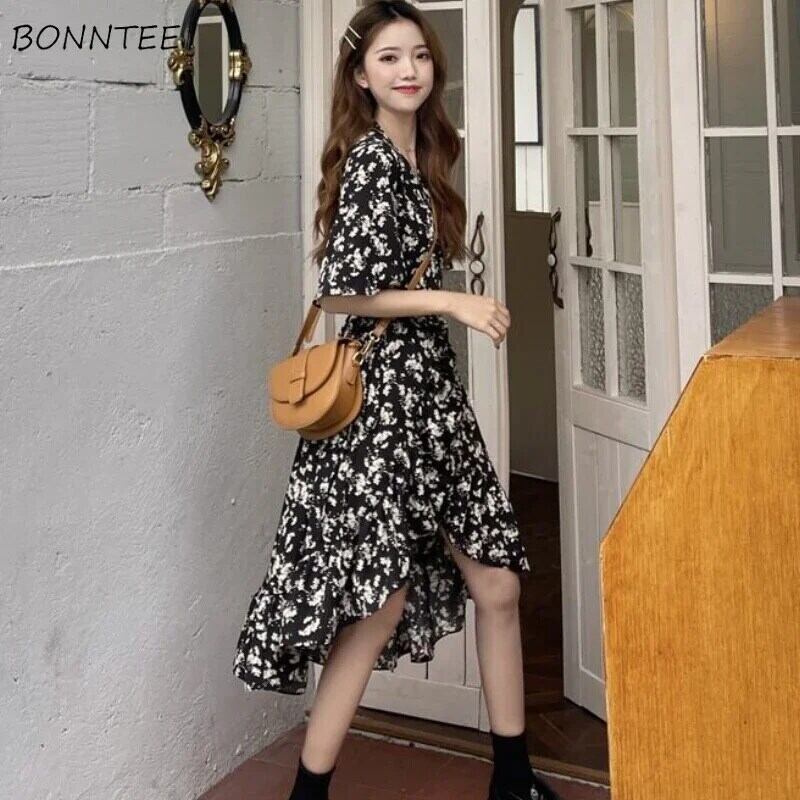 【新作】【送料無料】 ドレス女性プリント非対称デザイン韓国スタイルレディース膝丈ファッション V ネック夏のサンドレス休暇シックなストリート 021950209779