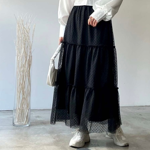 2wayTulle tiered skirt(Gray・Black・Ivory・Black dot)