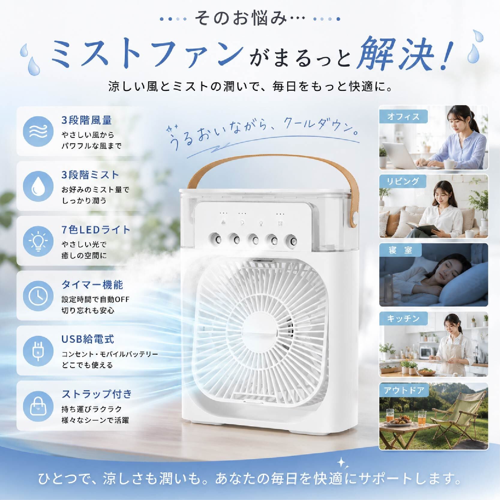 HY 577 . ミストファン 冷風機 卓上扇風機 加湿ファン USB給電式 3段階