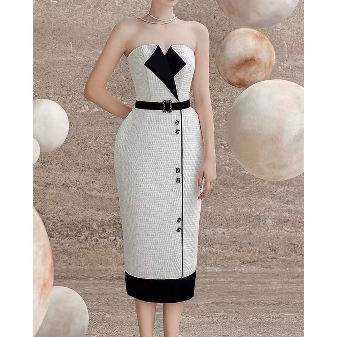 Belted Midi Tube Top Dress V3224