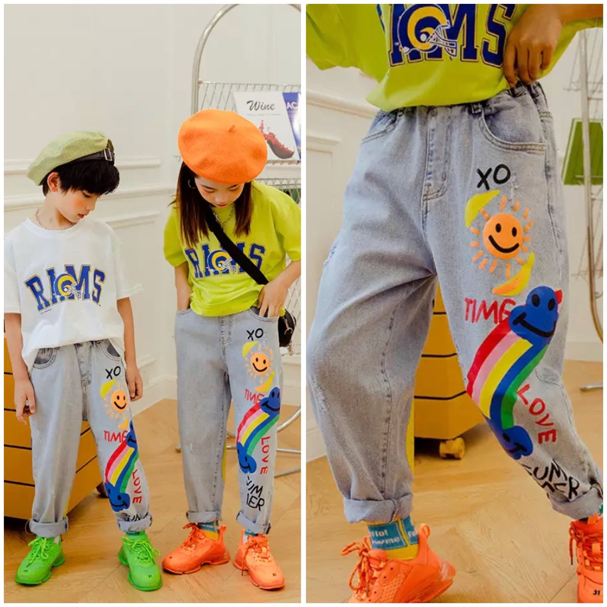 110 140cm ボトムス パンツ デニム 派手デザイン ニコちゃんマーク A Dear Child