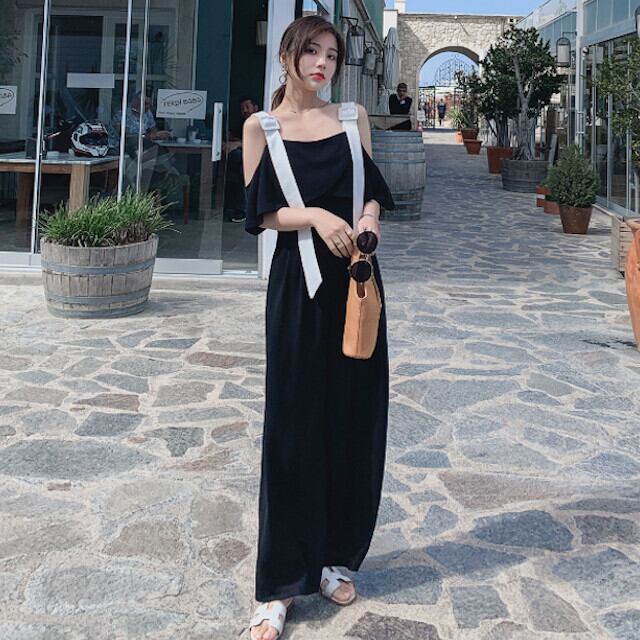レディース オールインワン S/M/L/XL ワイドパンツ ノースリーブ オフショルダー 肌見せ 2WAY ブラック ホワイト バイカラー モノクロ 春夏 かっこいい