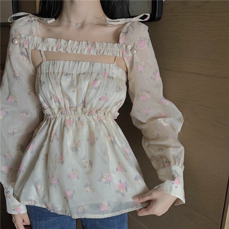 レトロなフローラルシフォンスリムスモールスリングレディース秋ボトムスノースリーブベストショートトップとアウター ブラックストロベリース45229519294