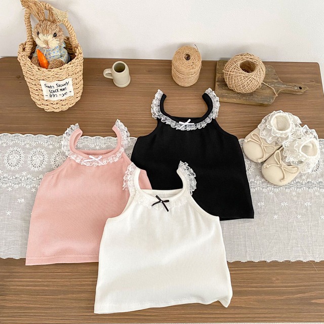 【BABY】レースフリルリボンノースリーブTシャツ - 5
