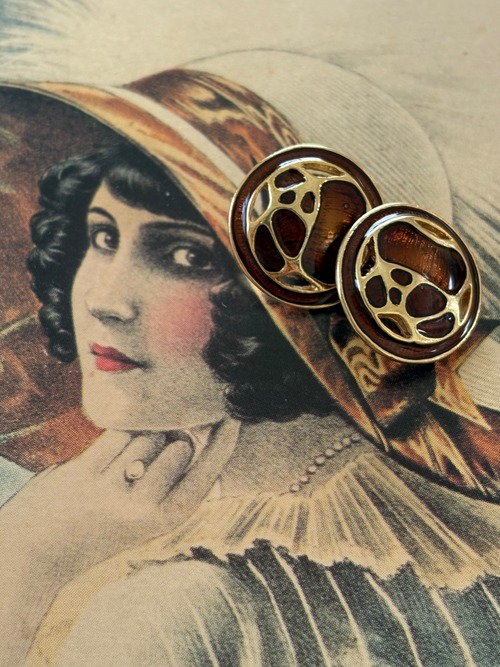 15mm Japanese ヴィンテージボタン メタルボタン ゴールド×ブラウン アクセサリーパーツ デコレーション材