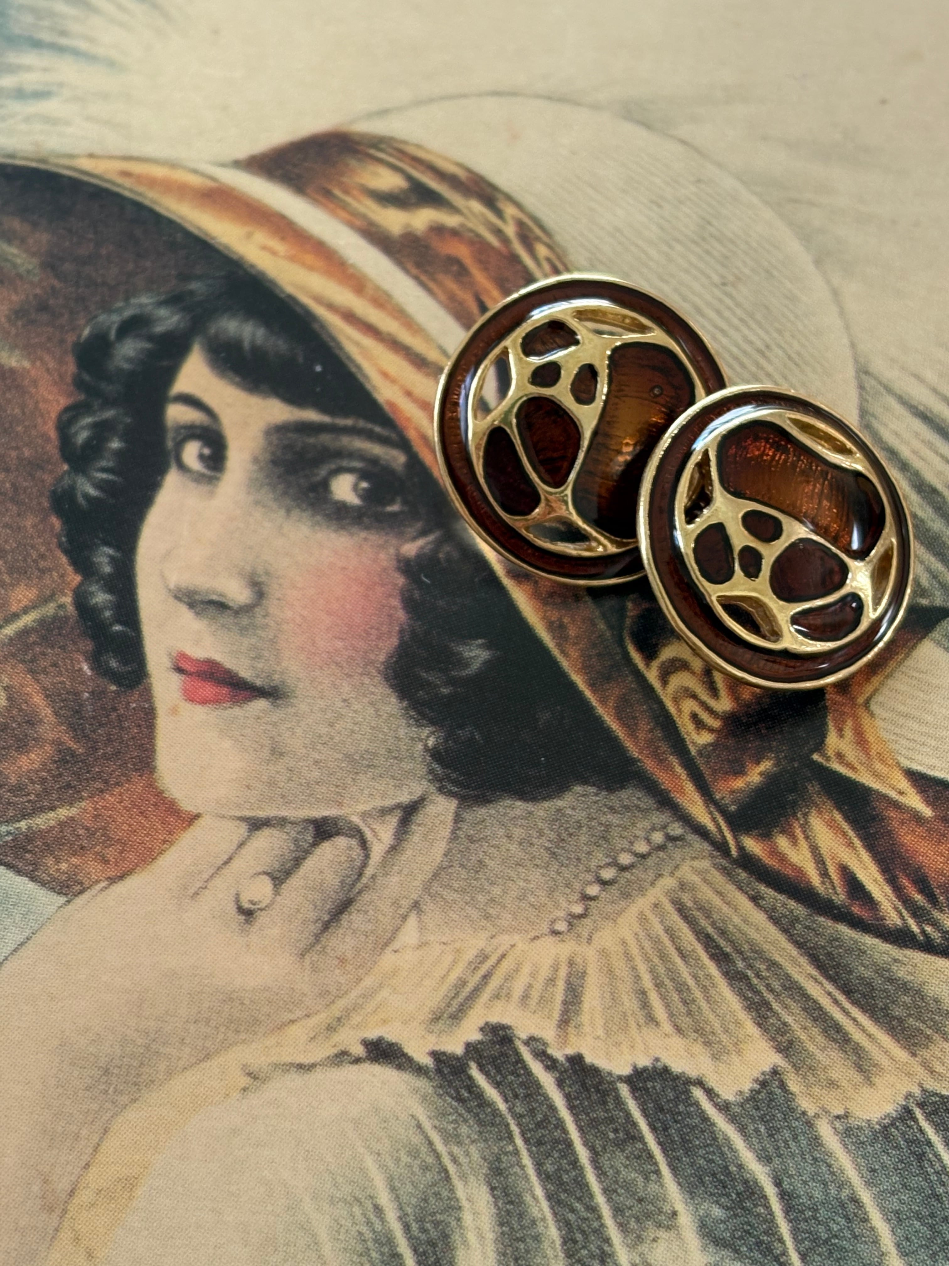 15mm Japanese ヴィンテージボタン メタルボタン ゴールド×ブラウン アクセサリーパーツ デコレーション材