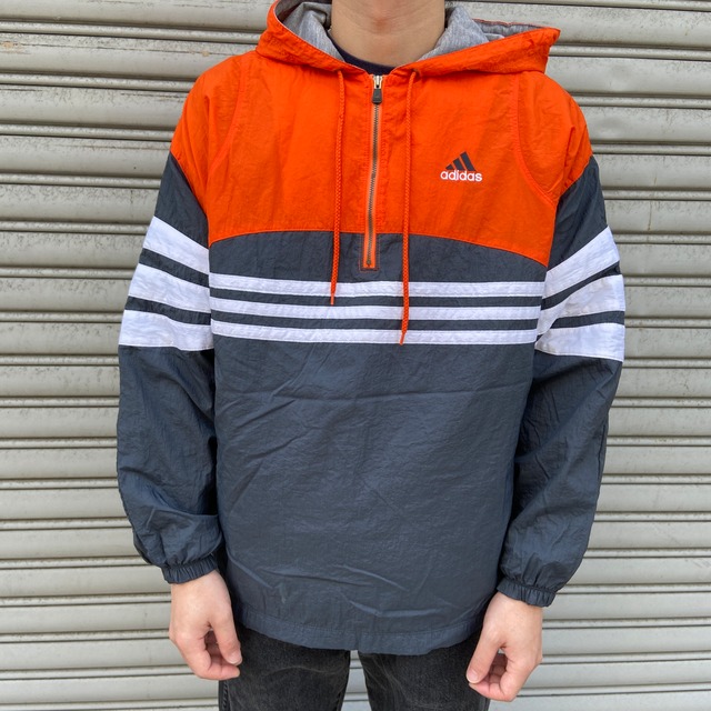 90s adidas ハーフジップナイロンプルオーバー　ボルドー　ブラック　M