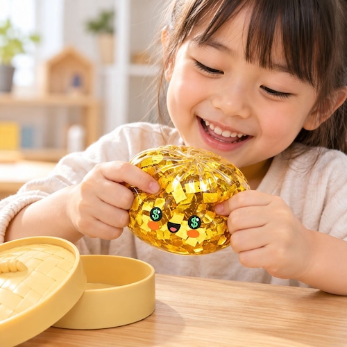 SNSでバズり中!新作 スクイーズ 金色肉まん 肉まん もちもち ぷにぷに キラキラ ゴールド 蒸籠付き SNSで話題 SNS映え 動画映え 感触玩具 ストレス解消 癒しグッズ おもしろ雑貨 子供 大人 プレゼント 商品画像5