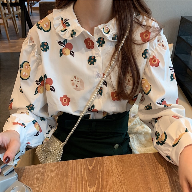 ワイシャツ ボタン  食べ物 シャツ カットソー 柄 プリント  長袖 個性的 かわいい ゆめかわ  トップス 原宿 個性派 オルチャン 韓国ファッション 9
