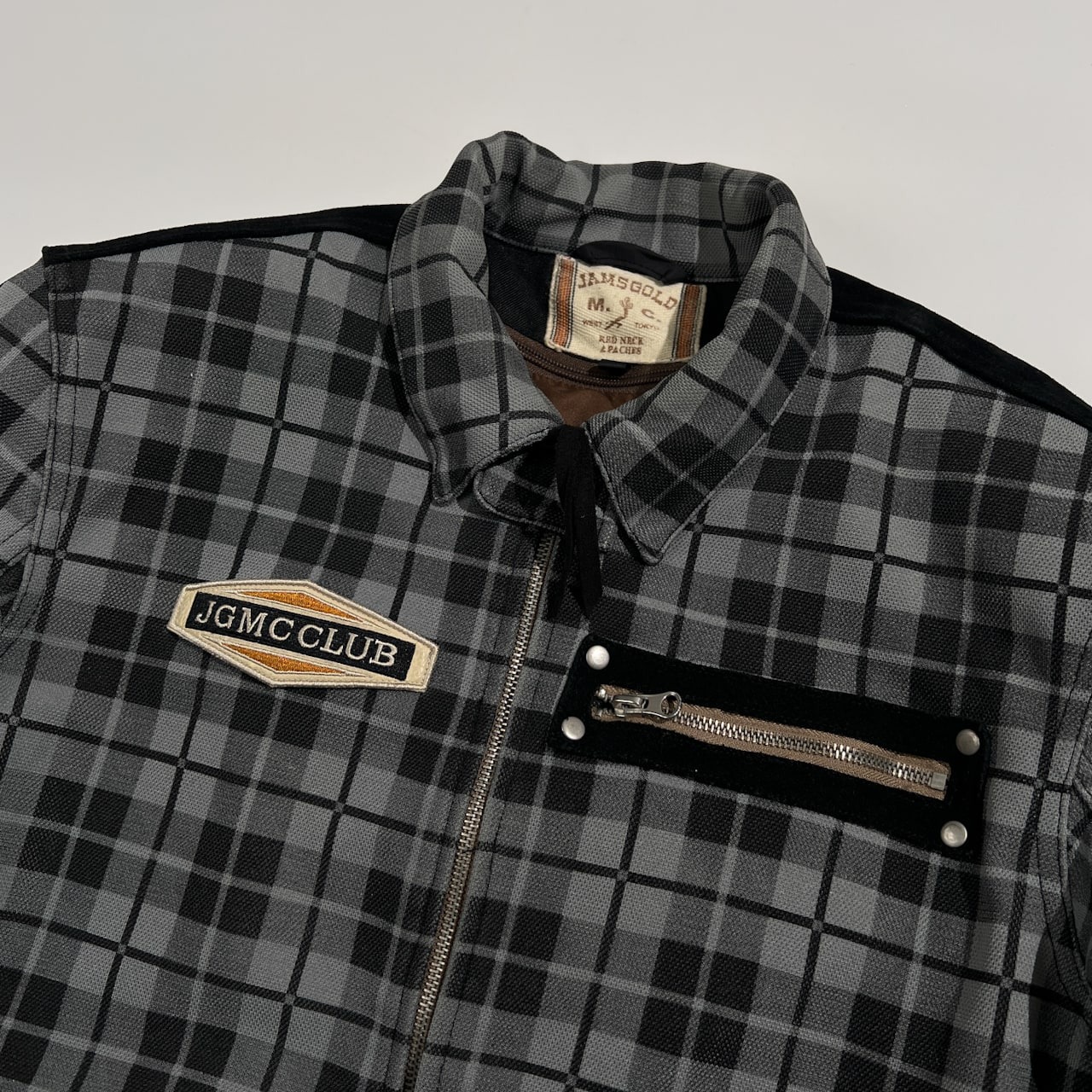 JAMS GOLD ジャムズゴールド 部分 本革 レザー チェック柄 ライディング ジャケット ブルゾン LL /グレー系 バイク ウェア バイカー ライダース