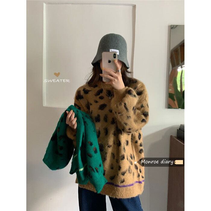 レオパードプリント柄ルーズラウンドネックプルオーバー セーター オータムウィンターニットトップス 秋物 冬物 Oネック モンロー49665906117