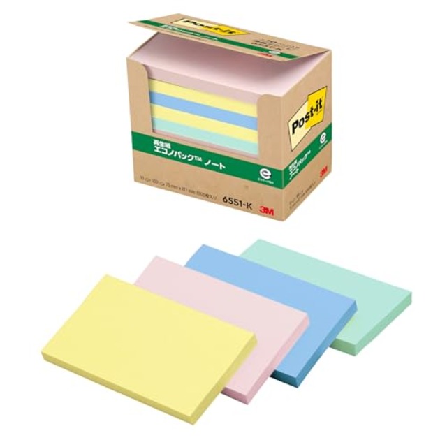 3M ポストイット 付箋 大きい パステルカラー 75×127mm 100枚×10パッド 6551-K エコマーク認定商品 グリーン購入法適合