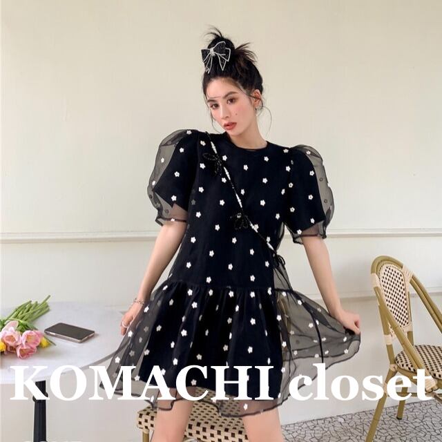 【送料無料】 ワンピース 花柄 チュール 半袖 パフスリーブ ミニワンピ ミニ丈 結婚式 パーティードレス 黒 透け感 シースルー 韓国 レディース オルチャン 可愛い シンプル 個性的 披露宴 二次会 大人 きれいめ 高級感 高見え おしゃれ お洒落 モテ エレガント 女っぽい 大人っぽい 美人 オトナ女子 大人女子 インスタ映え スタイルアップ デート 大人可愛い お出掛け こなれ感 10代 20代 30代 女子会 トレンド 普段使い イベント パーティー 着回し 春 夏 ブラック ふんわり