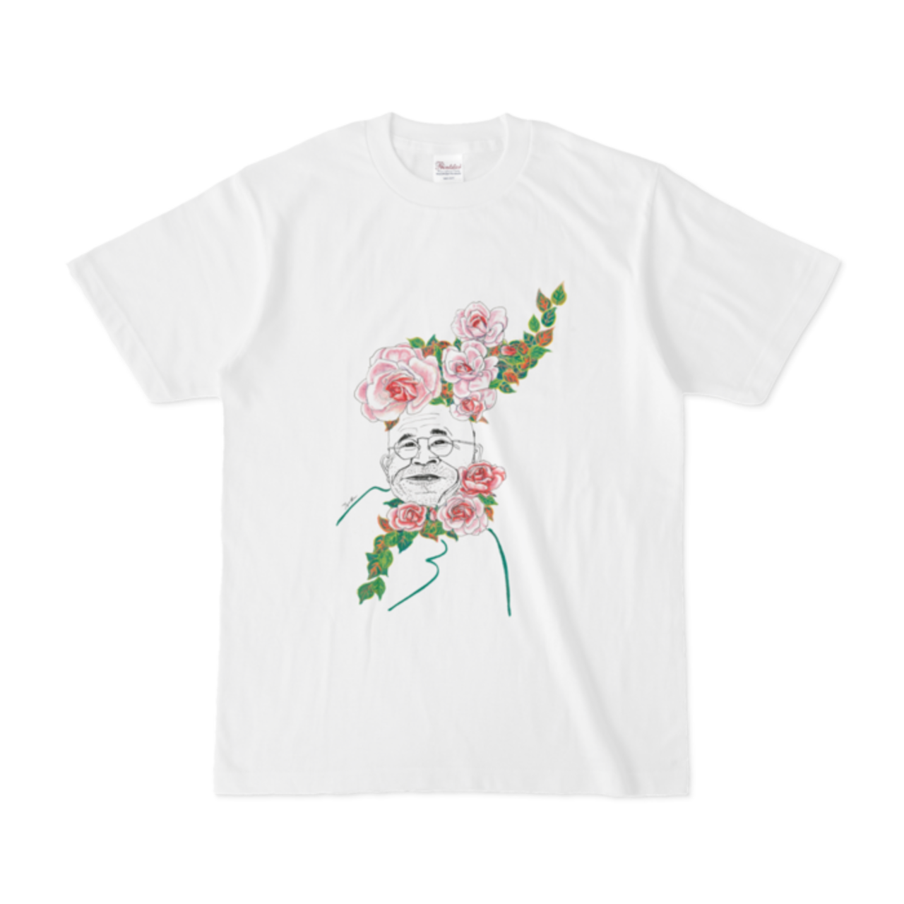【花おっさん】白Tシャツ（絵柄D-バラ）