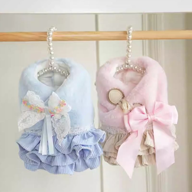 ふわふわファーとティアードスカートのドッキングドレス 犬服 00992