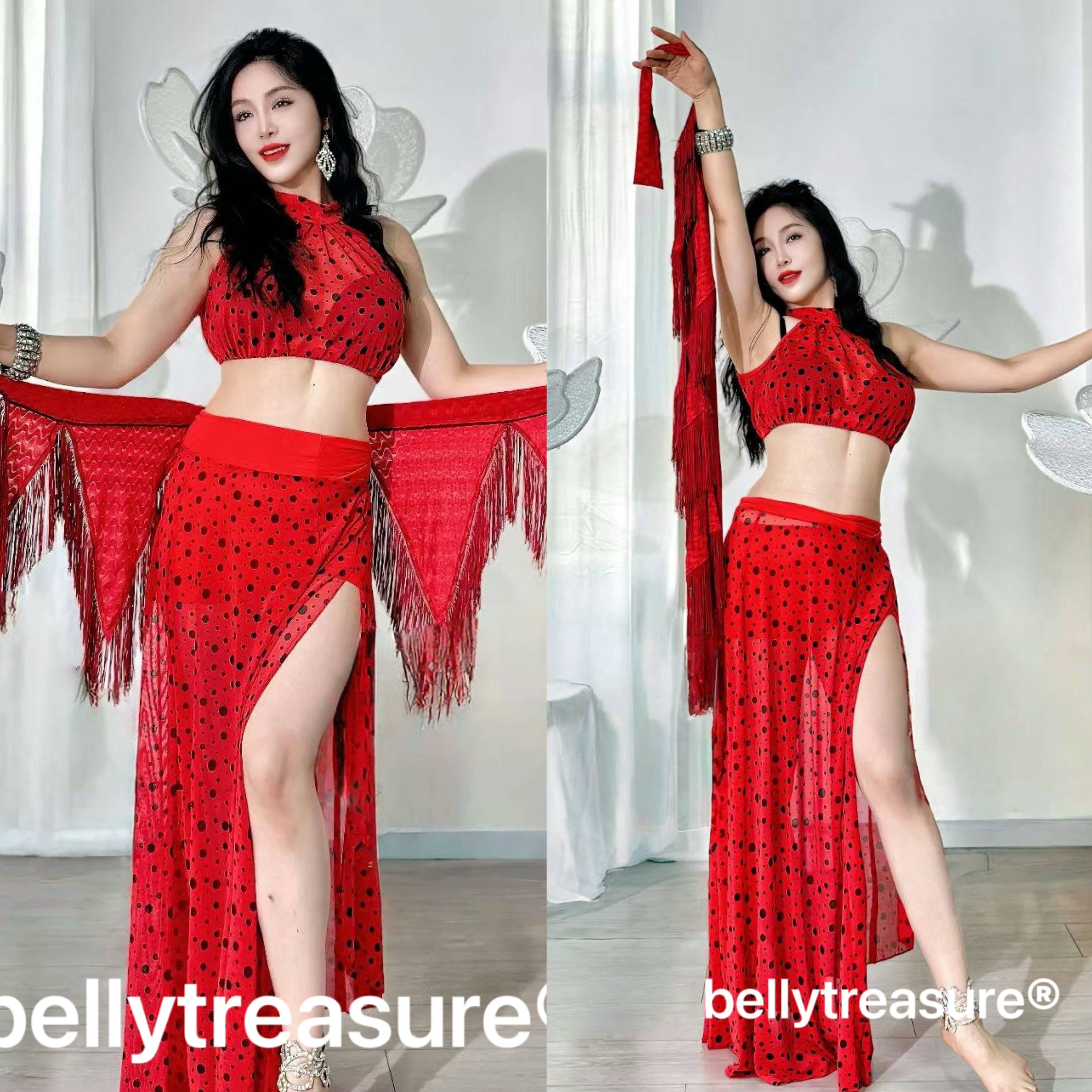 【翌日発送可能】ベリーダンス レッスンウェア レッドヒップスカーフ付きOU3098