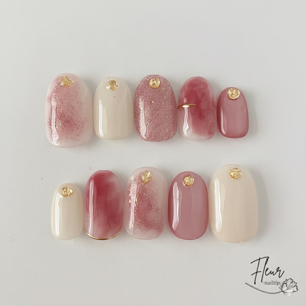 【セミオーダー】くすみピンク×ボルドー 血色感ニュアンスネイルチップ/上品ラメ×ゴールドパーツ/秋冬オフィスネイルにも◎#ncs001