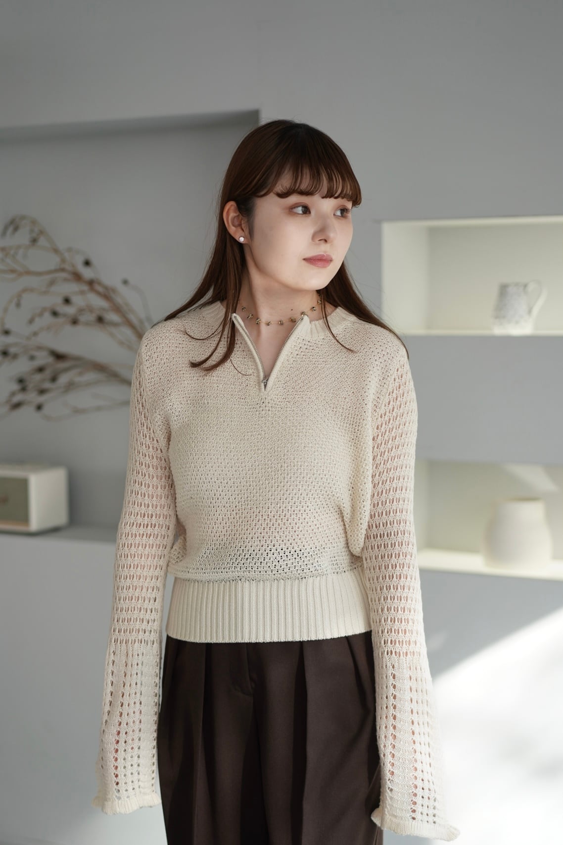 Openwork knitting zip pullover 透かし編みジッププルオーバー Ivory