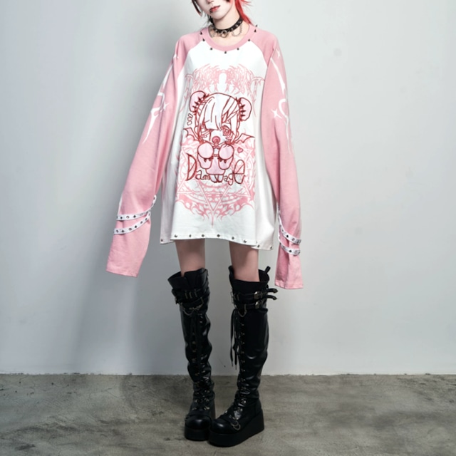 デーモンベイビーグラフィックストラップフレアスリーブロングTシャツ(2カラーあり)(lli_7170)