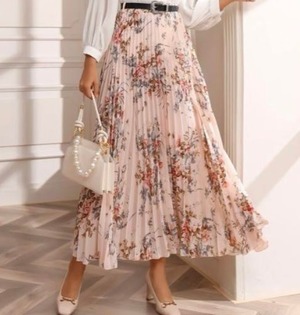 送料無料 未使用 発表会 イベント デート フリ－ 花柄 プリ－ツ ロング スカ－ト フリー F [SKN9674]