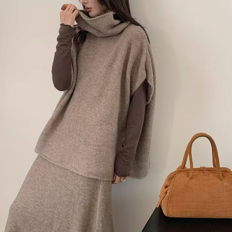 【set】ノースリーブニットトップス×ロングスカートセット Q7146