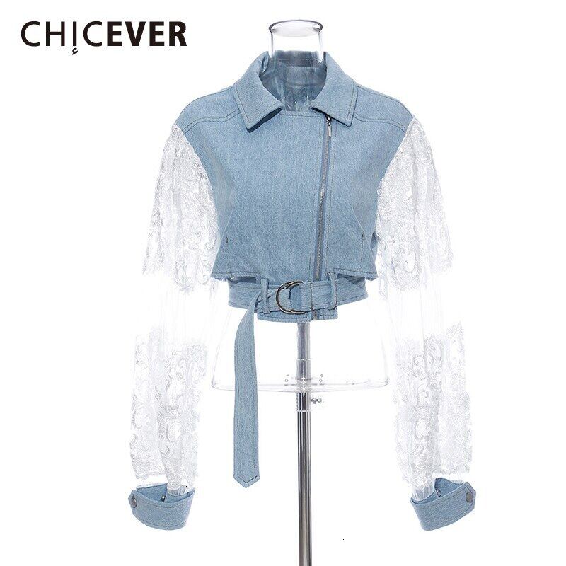 CHICEVERパッチワークレースデニムジャケットレディースラペルカラー長袖サッシヒットカラージャケット2020秋 ロング オータム 秋物 6base542418829722