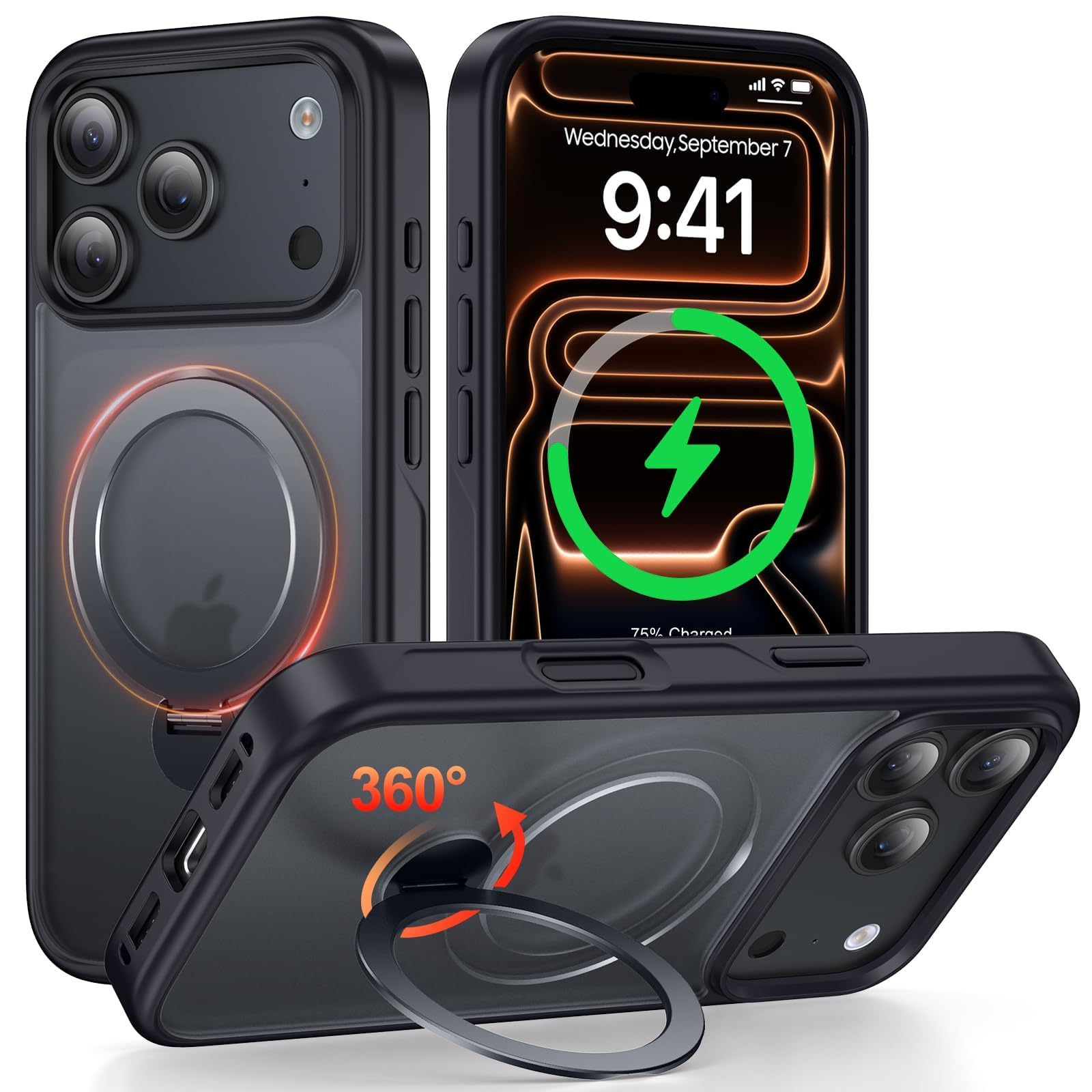 Fadkzyxr iPhone 18 Pro / 17 Pro 用 ケース MagSafe対応 360°回転スタンド 半透明マット仕上げ【ブラック】