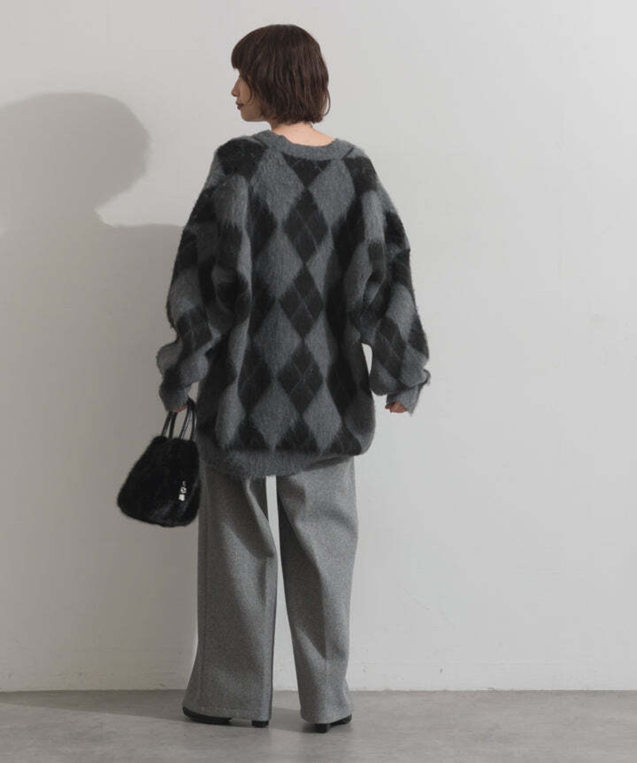 HD2510045 シャギーアーガイルVネックカーディガン gray