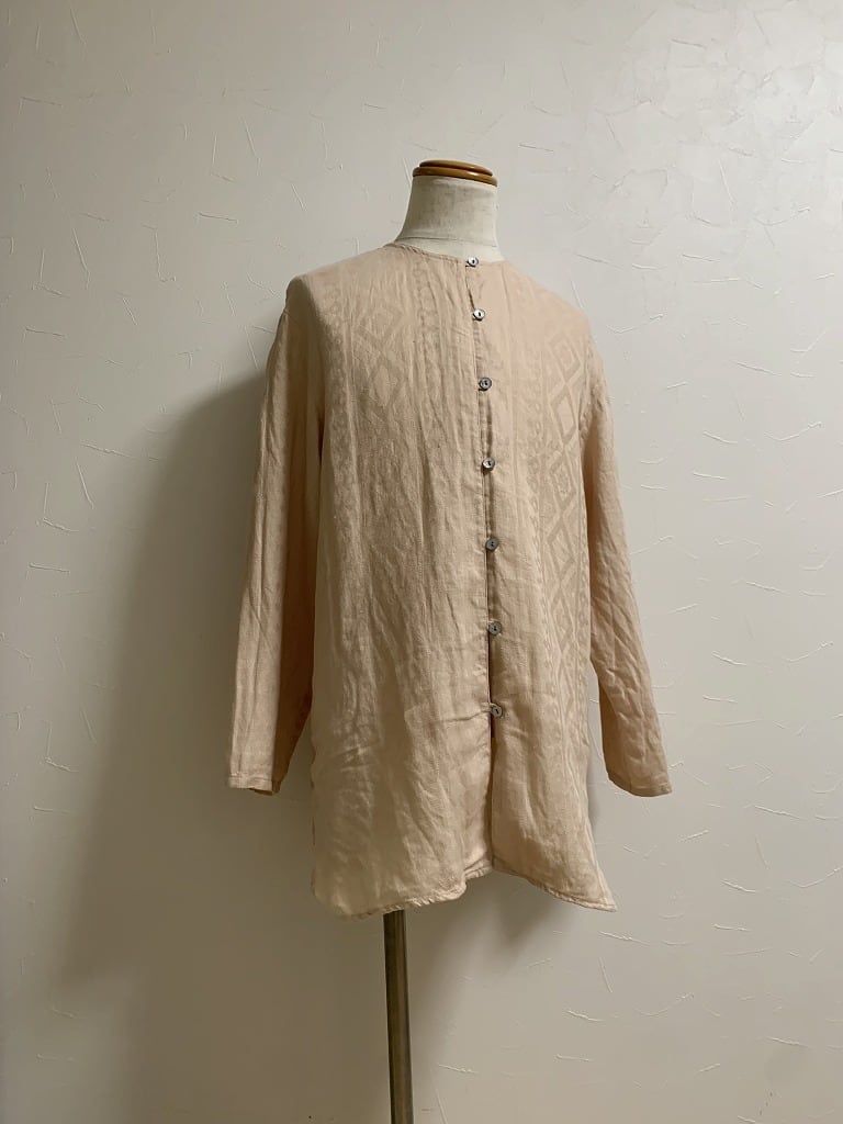 1990's Woven Pattern Linen No Collar Long Sleeve Shirt