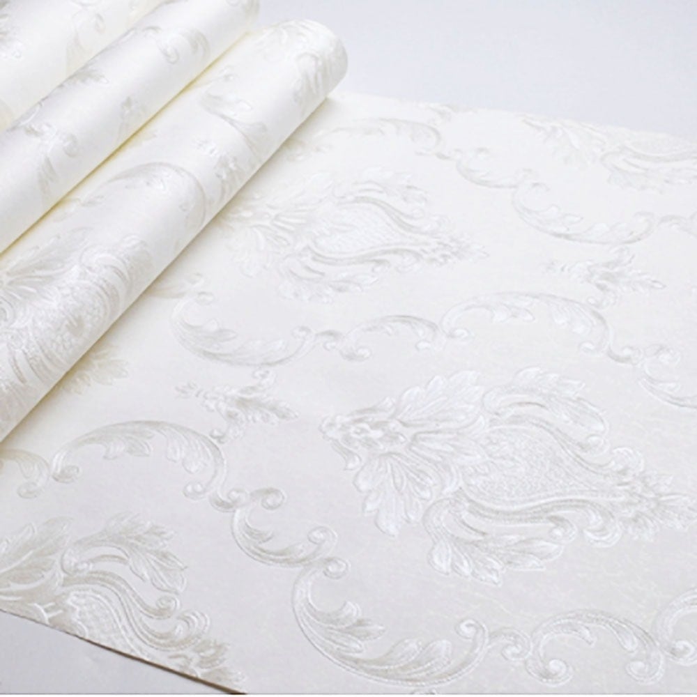 壁紙 3本セット ダマスク柄 ホワイト 白 damask 53cm×1000cm DIY のりなし かわいい おしゃれ クロス 補修 ラグジュアリー  北欧 賃貸壁紙 背景 プレゼント 贈物 厚手 シンプル ベッドルーム リビング お洒落 防音 リメイク リフォーム AiO ONLINE STORE