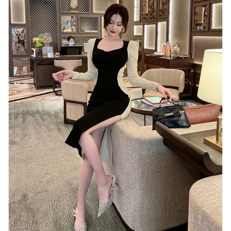 【新作】【送料無料】 2023 秋と冬の新スタイル韓国ファッション女性のセクシーなニットカラーブロックロングスリムフィットボトリングドレス 6238 0127332179204