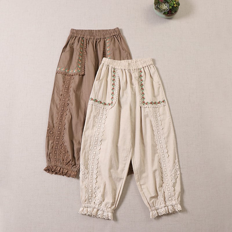 裾ギャザーレース刺繍パンツ W1752