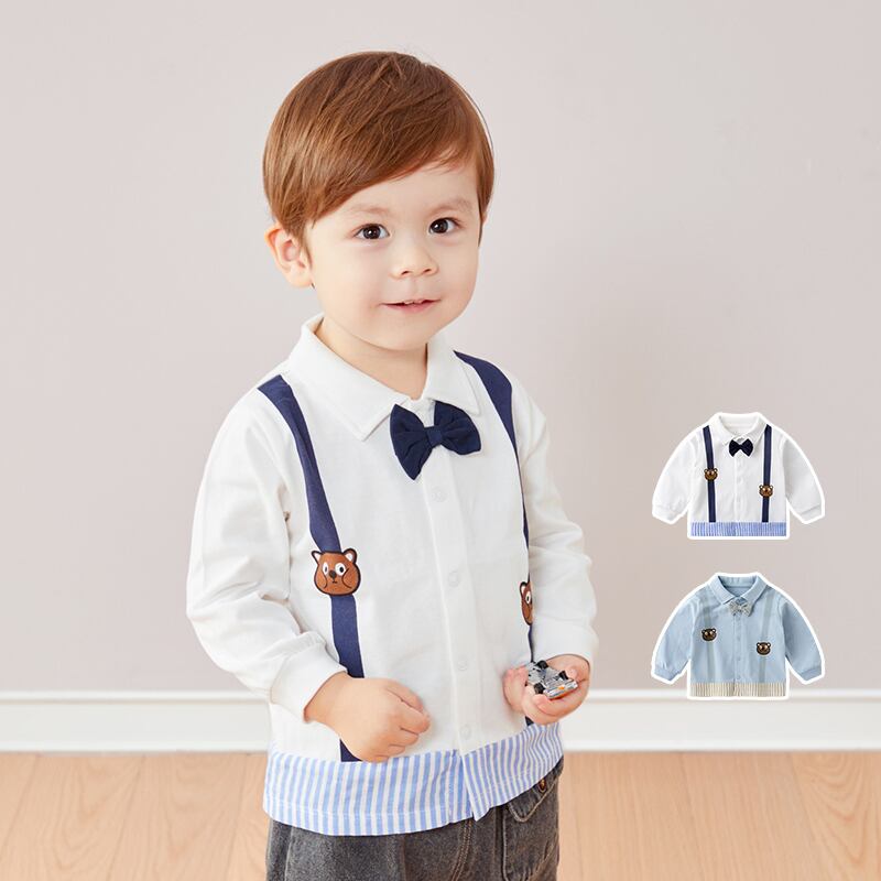 紳士用赤ん坊シャツ、男性の春と秋の休暇、白いシャツ2枚、トレンディな男性用ベビーコットンウエスタンスタイルシャツ、縞模様の服 Duduベイビー11802052812
