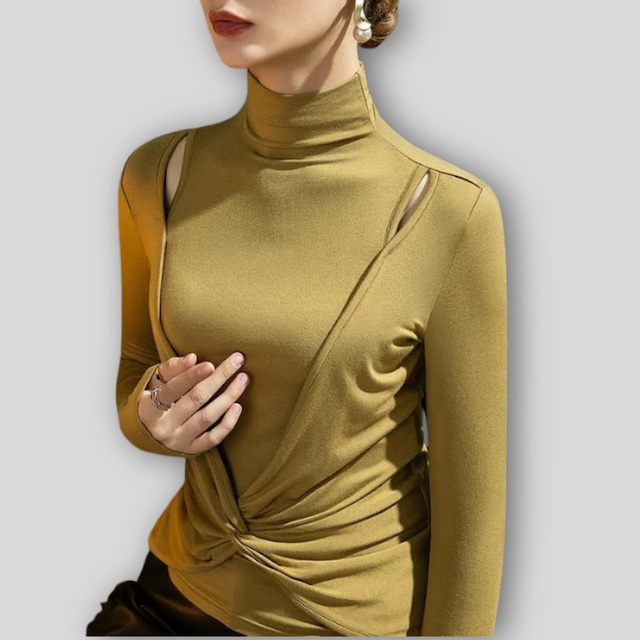 ハイネック ショルダーカット ツイスト スリム トップス 3col D00532