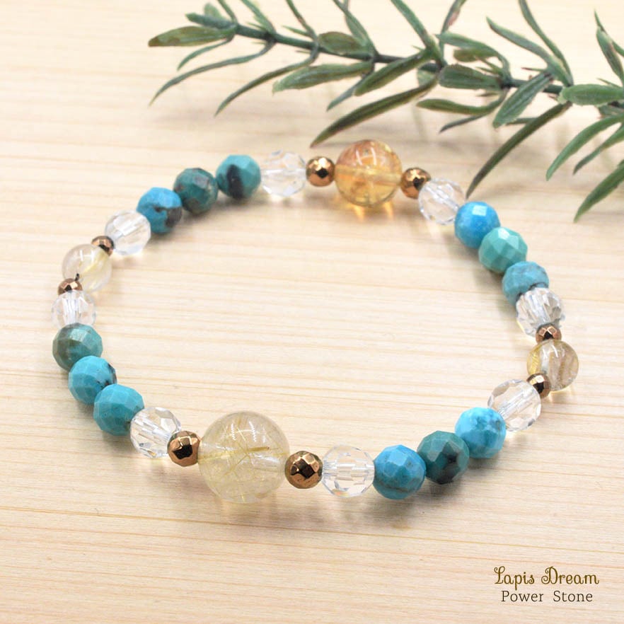 悪い氣を祓い幸運を呼ぶお守り |ルチルクォーツとターコイズのパワーストーン ブレスレット