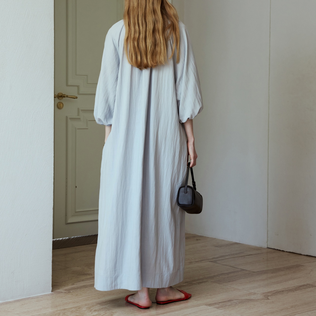 Gather Neck Long Sleeve Maxi Dress T3694