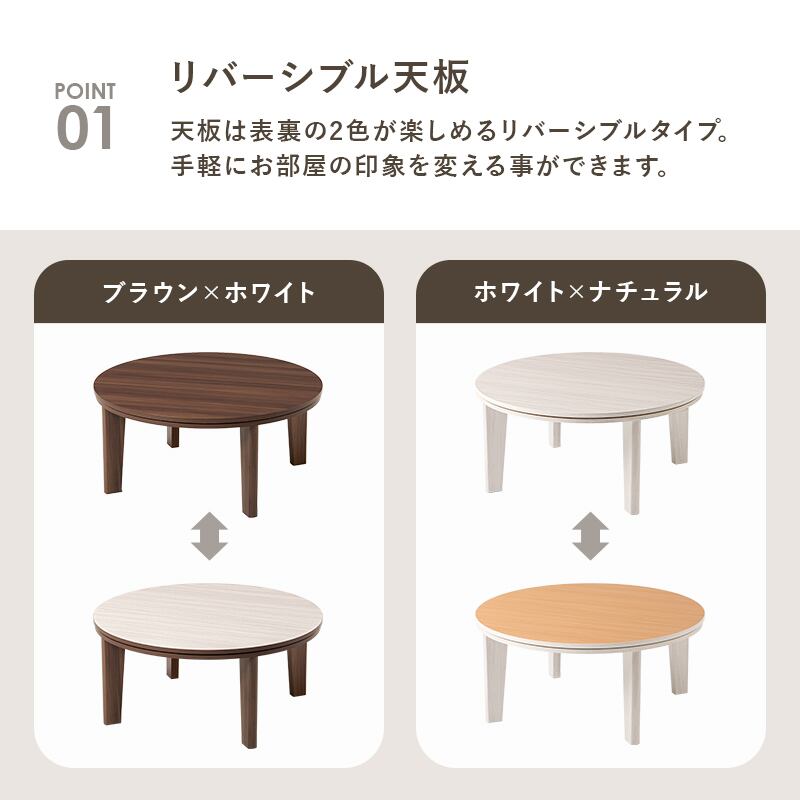 【組立式】円形カジュアルコタツ＋うす掛け布団 2点セット 天板リバーシブル こたつ2種x掛け布団2種 アベルSE80モクモク 幅80cm