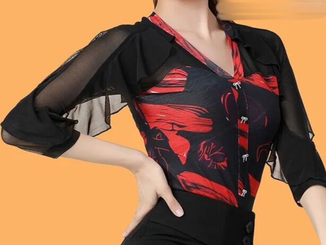 オープンカラー フリル Vネック ダンスブラウス (レオタード)ds1421